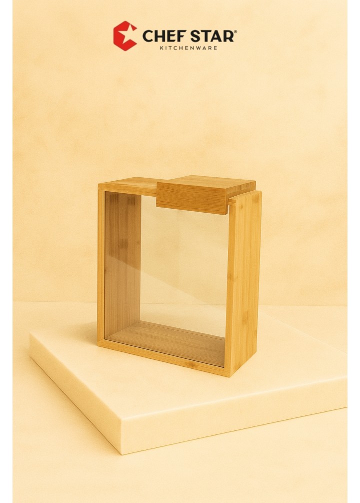 BAMBU SÜRGÜ KAPAKLI CAM GÖVDELİ ORTA BOY SAKLAMA KUTUSU