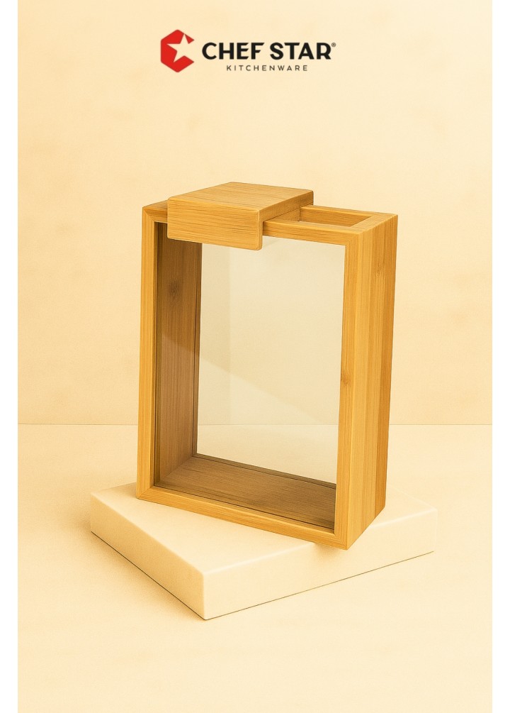 BAMBU SÜRGÜ KAPAKLI CAM GÖVDELİ BÜYÜK BOY SAKLAMA KUTUSU